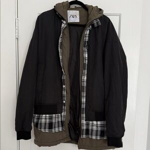 Zara Black and Olive plaid  Puffer Jacket with hoodie